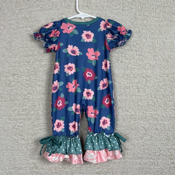 Boutique Infant Girls 0-3 Month Blue Floral Romper Ruffle Button Snap‎ Closure - Picture 4 of 6